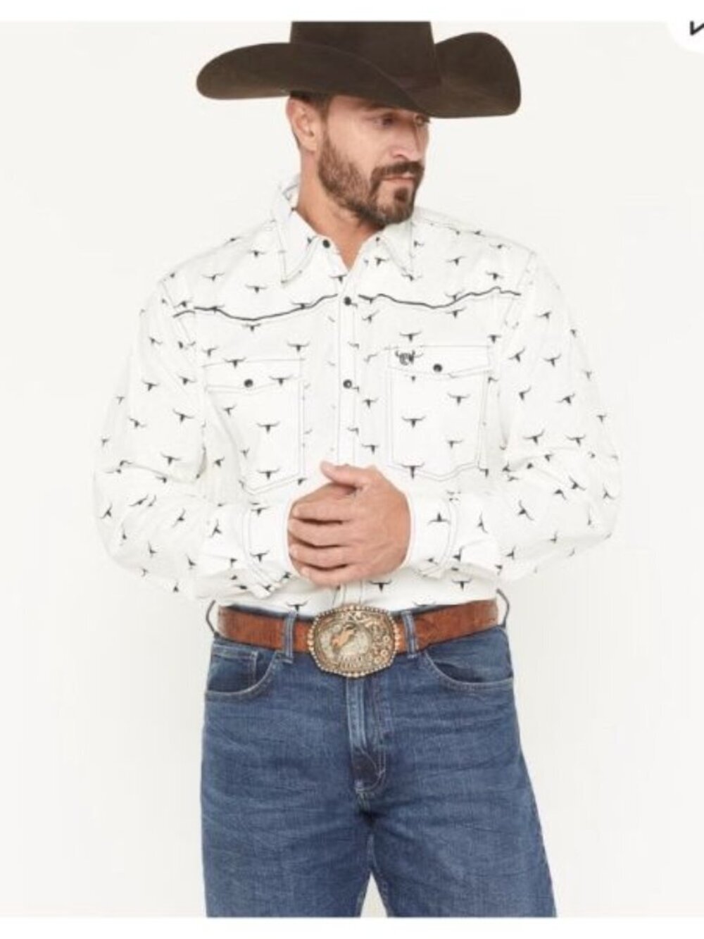 Cowboy Hardware Snap Western Shirt Men L Steerhead Print Long Sleeve